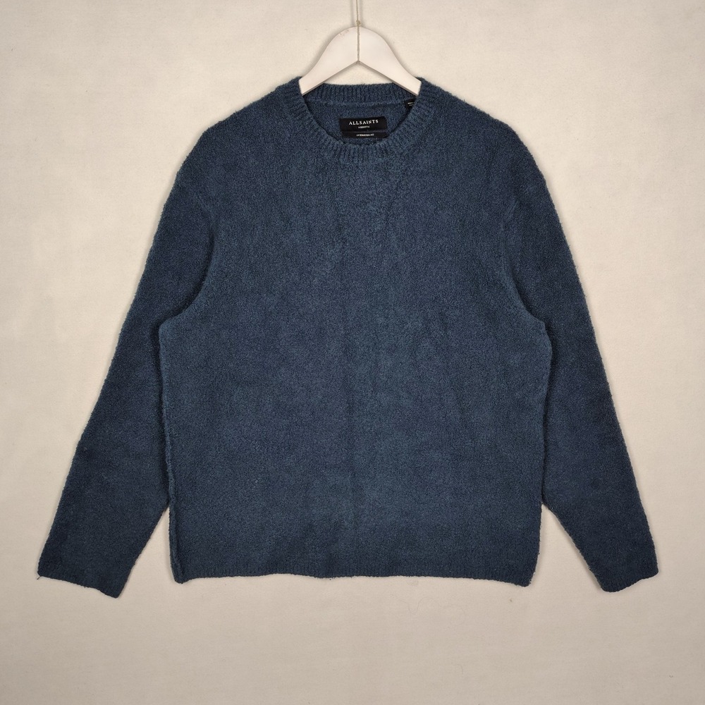 AllSaints Mens Oversized Fit Boucle Crew Neck Sweater Blue Medium